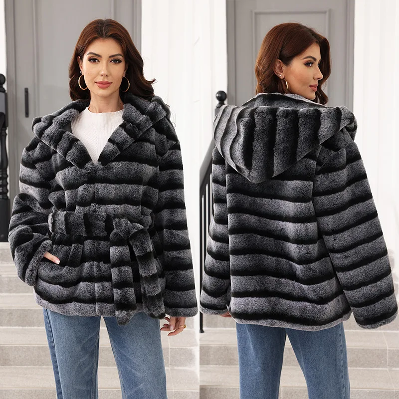 Faux Fur Women Coats Hooded Full Sleeve Lace Up Tight Waist Coat Thick Warm Y2k Streetwear Elegant Splice Autumn Winter 2025