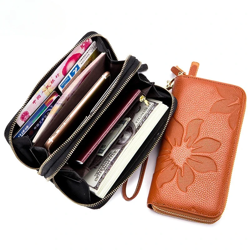 Ladies Double Zipper Leather Wallet Head Layer Leather Phone Bag Handheld Bag Card Holder Purse for Women Carteras Para Mujer