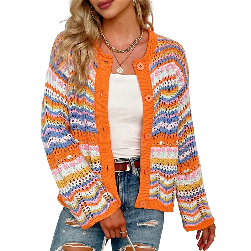 

【TODAY-ONLY!】Women's Multicolored Striped Crochet Knit Cardigan Crew Neck Flared Sleeve Button Y2K Sweater Coat