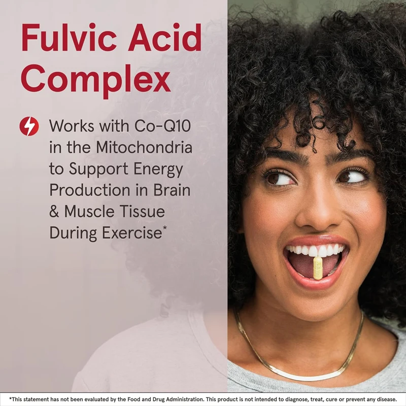 Complejo de ácido fulvico 250 mg -60 cápsulas vegetarianas apoyan la producción energética, la función mitochondriana y la actividad de coenzima Q10