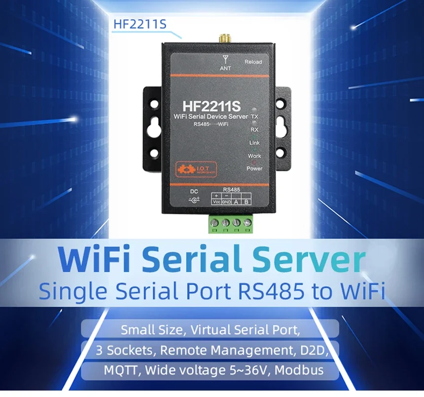 

HF2211S Industrial Serial Modbus RS485 to WiFi Converter TCP IP Telnet Modbus MQTT 2M Flash Serial Server