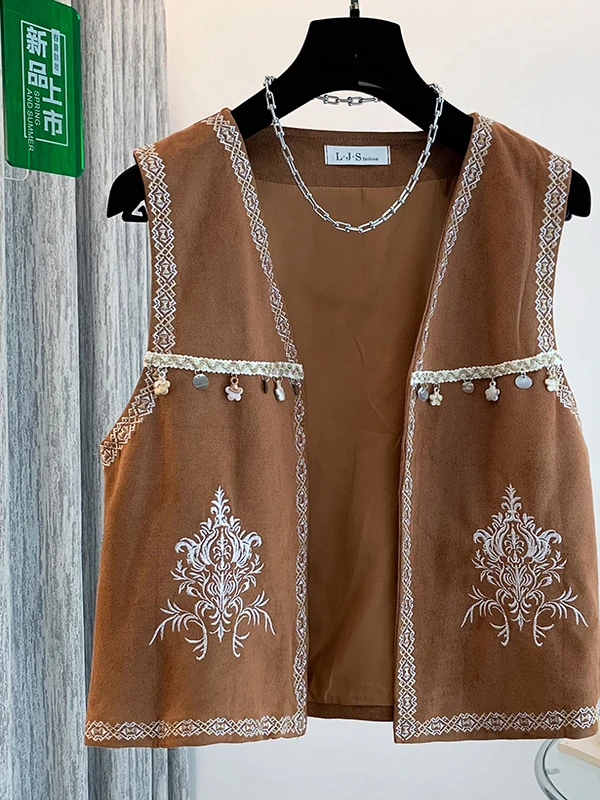 

Ele Large Size ell Fringe Embroidered Vest Versatile Outerwear Commute Sle Loose Fit Breathable V-Ne Autumn Top