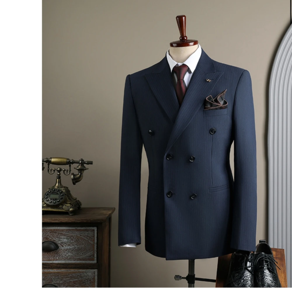 British Style M-4XL Men's Jacket, Striped Peak Lapel Tuxedo, Decent Double Breasted Daily Suit, Modern Four Seasons Groom Wear
