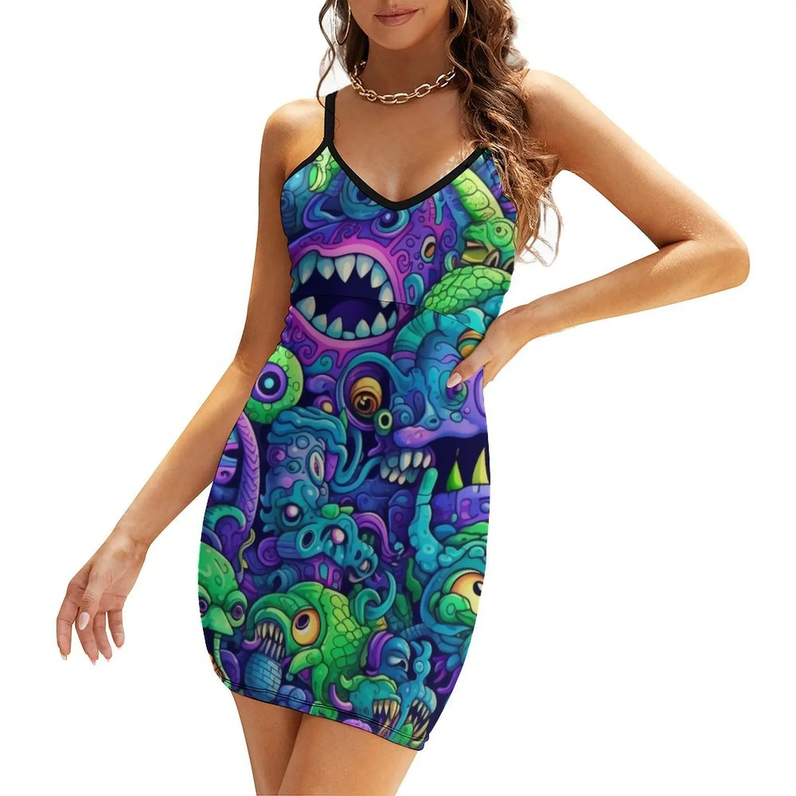 

Alien Demon Colorful Doodle Pattern Sling Dress dresses korean style luxury dresses Evening dresses dress for women
