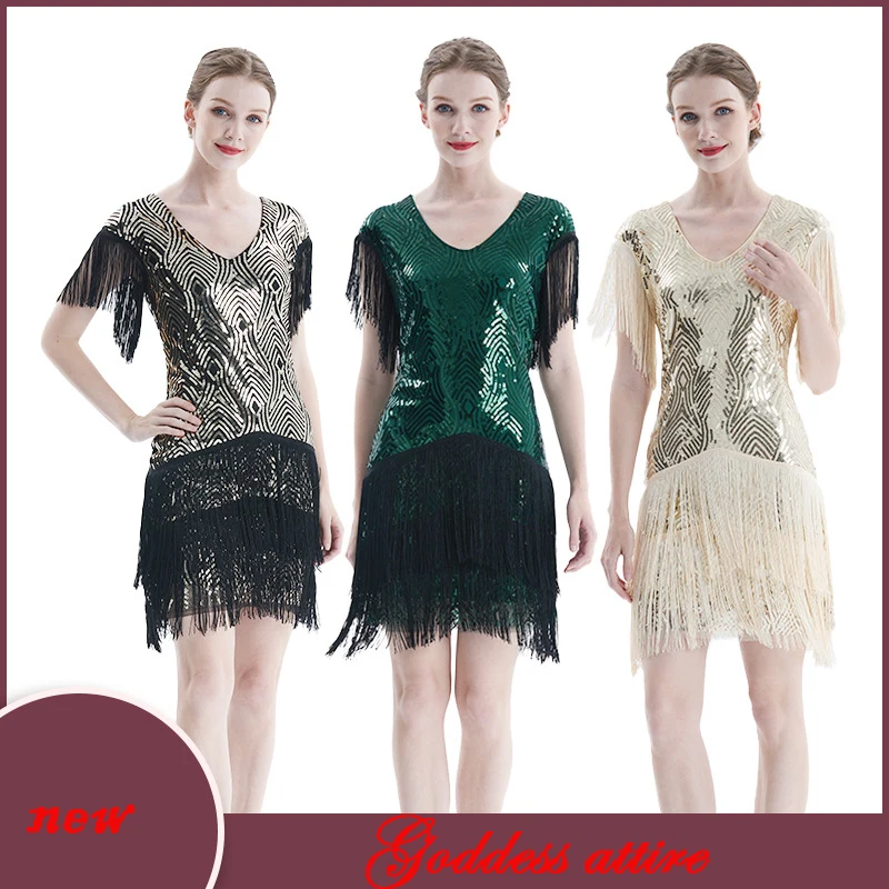 

1920s Gatsby Prom Sequins Tassel Dress Vintage Elegant Mid Length Party Banquet Cosplay Sequins Dress