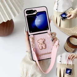 Lovely Cartoon Bear Case For Samsung Galaxy Z Flip 6 5 4 3 Bead Bracelet Cover For Galaxy Z flip5 Clear Hand Chain Cover