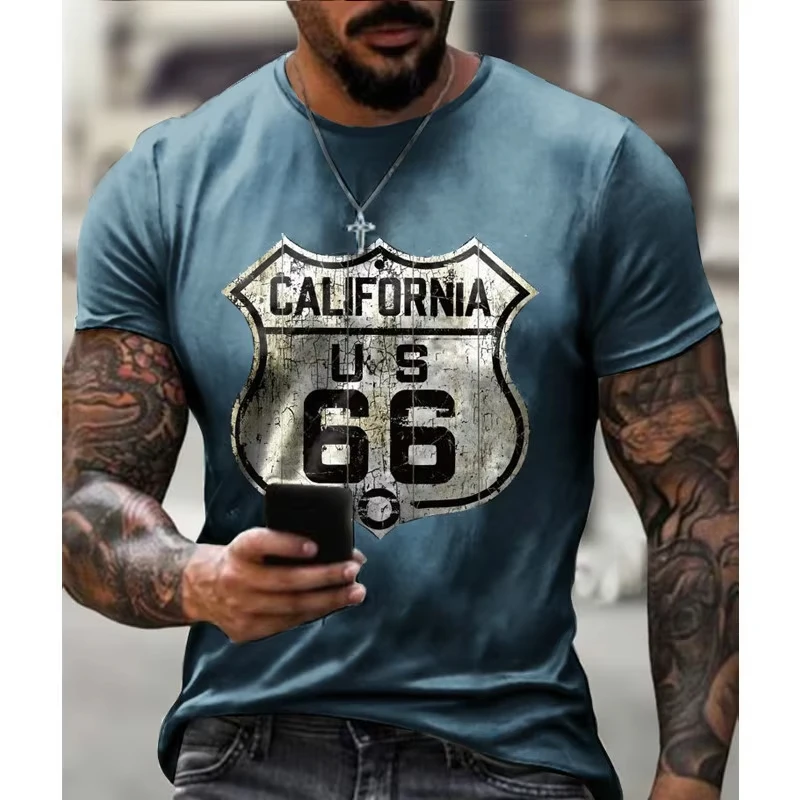 Newest Summer And Full Men's Clothing 3d Printed Men's Route 66 T-Shirt Top Men's Casual Loose Oversized Fashion Vintage T-Shirt