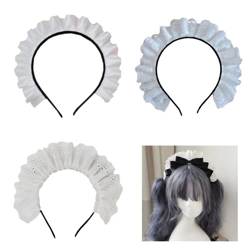 Cosplay Maid Hair Hoop Women Elegant Pleated Lace Makeup Headbands for Girl Stage Halloween Performances Headpieces
