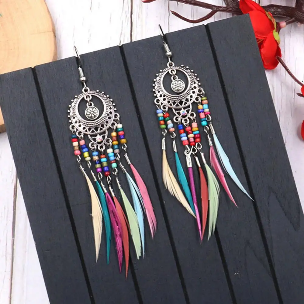 Hook Earrings Jewelry Boho Women Hollow Carved Circle Feather Tassel Dangle