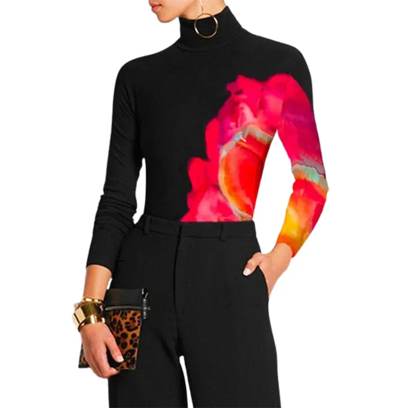 Bohohipei 2024 Latest Casual Basic Tops Women Fashion Contrast Color Printed Spring Autumn Long Sleeve High Neck Skinny T-Shirts