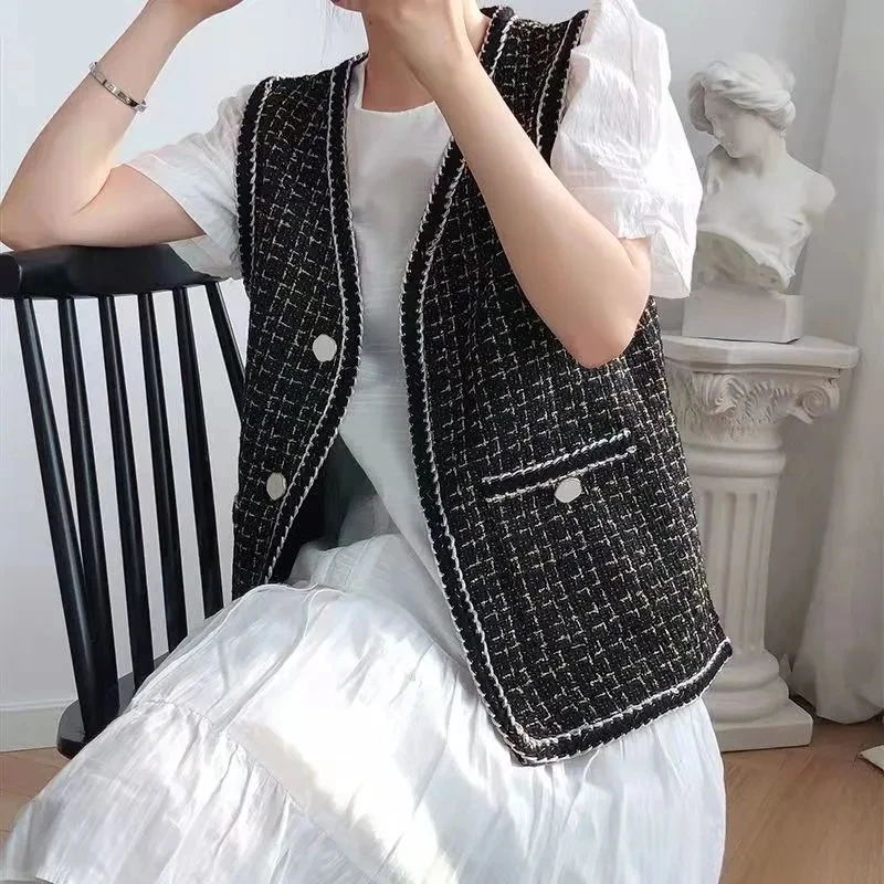 

Xiaoxiangfeng Vest Coat Women's 2023 Autumn New Korean Edition Contrast Tweed V-Neck Sleeveless Tank Top Lady Waistcoats