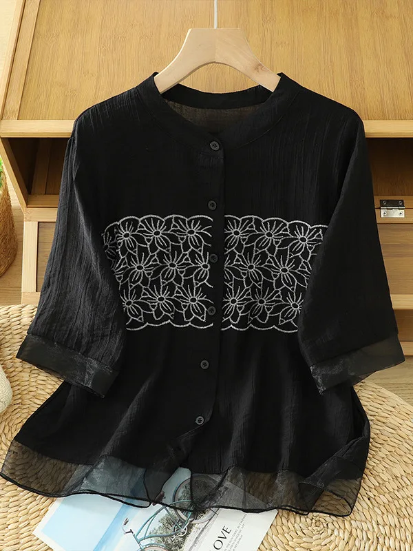 

Loose Fit Embroidered Shirt Women's Summer Big Size Slimming Anti-Aging Top Casual Style Short Sleeve Stand Collar Inner Wear