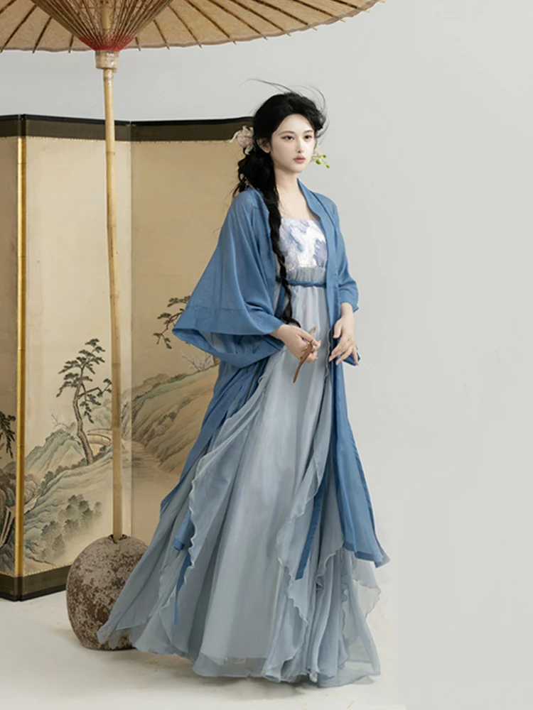 

Original Hanfu Women's Dr Blue Kite Design Lotus Le Modified Traditional Chinese Clothing Spring Summer Versatile S...