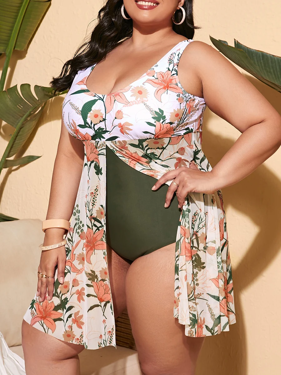Plus Size Tropical Leaf Tankini Swim Dress Sleeveless Mesh Overlay Flowy Skirt Tummy Control Two Piece Conservative Bathing Suit