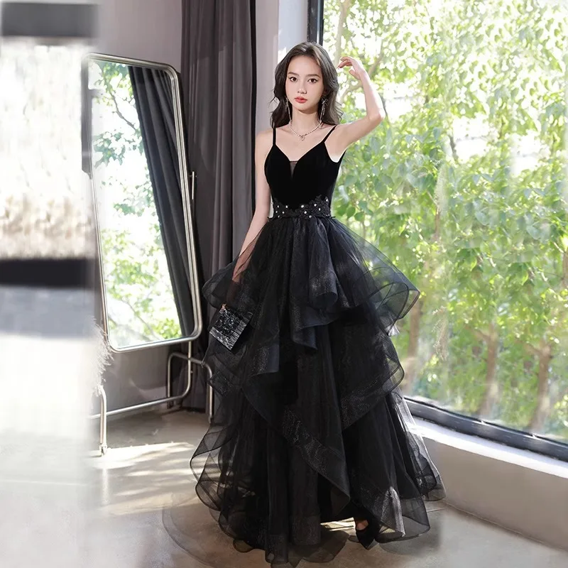 Черное элегантное вечернее платье для женщин, новый стиль 2025 года, вечернее платье в сказочном стиле, сексуальное платье знаменитости, осенний сексуальный ремешок