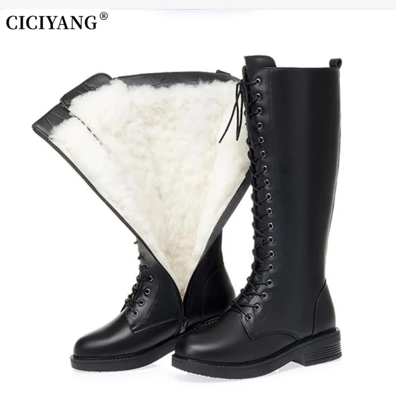 CICIYANG Women's boots 2024 New Genuine Leather knee-high motorcycle boots Wool warm winter Large size Lace-up Marton boots