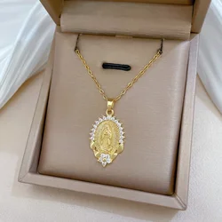 Stainless Steel Chain Religious Virgin Mary Zircon Flower Pendant Necklaces for Women Men Accessories Jewelry Gifts