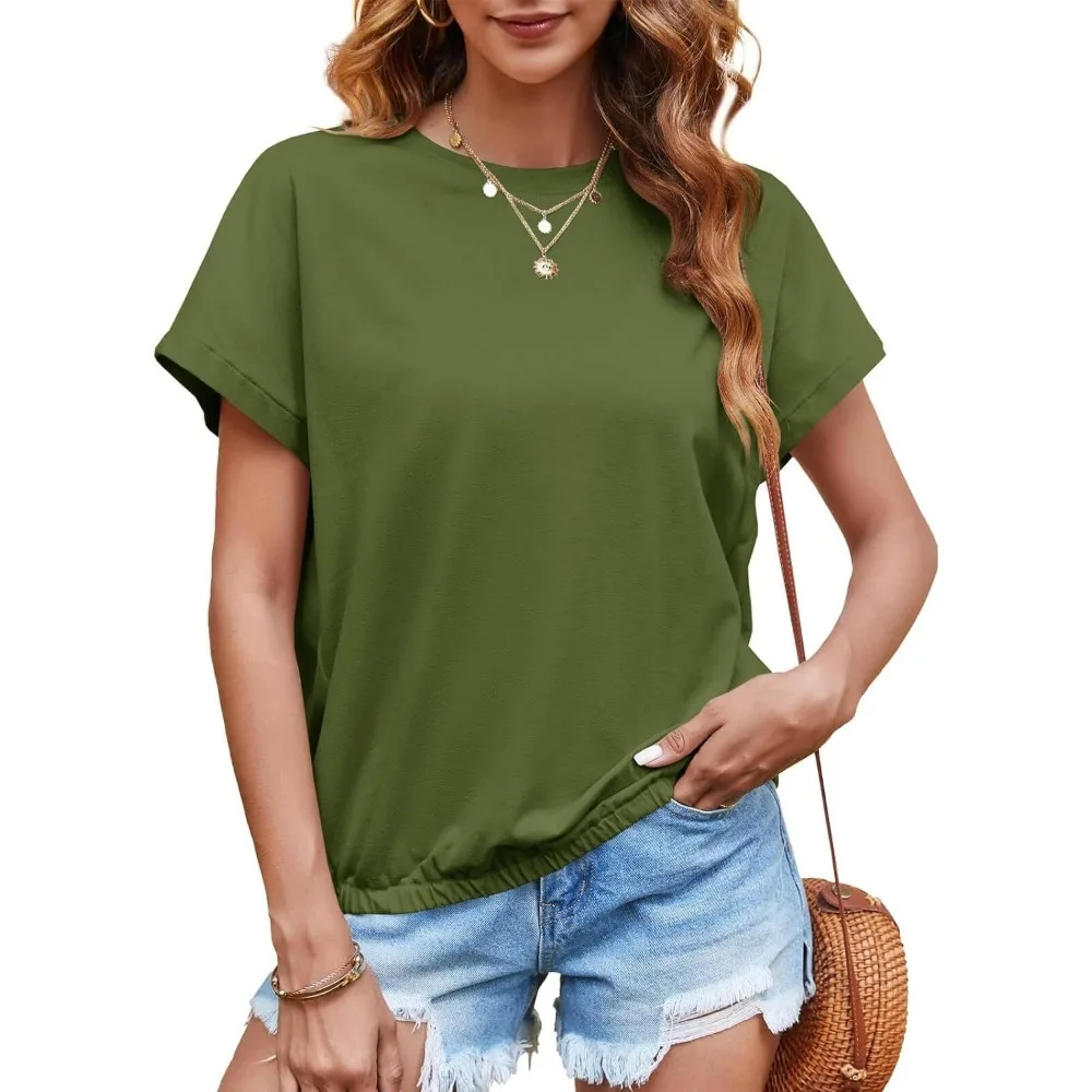 

Women Short Cap Sleeve Tops Summer Casual Banded Sweatshirt Crew Neck Loose Fit T-Shirts