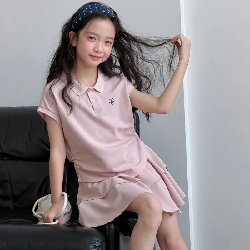 Pink Girls Sporty Cotton 2piece Set 26 Spring Summer Outfit New Cute Stylish Big Kid Children Polo Shirt Pleat Skirt 10-18 Years