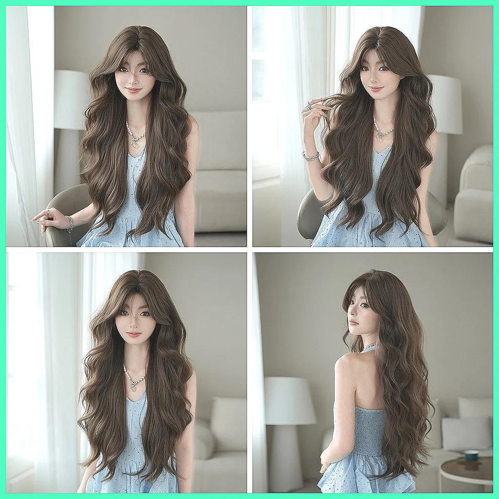 

Длинный волнистый синтетический парик с челкой, термостойкий парик из волокна для женщин, на всю голову