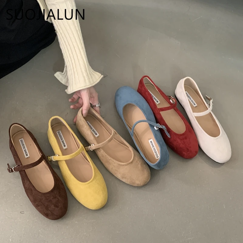 SUOJIALUN Autumn Women Flat Shoes Fashion Candy Color Ladies Round Toe Mary Jane Shoes Soft Sole Shallow Slip On Ballerinas Shoe