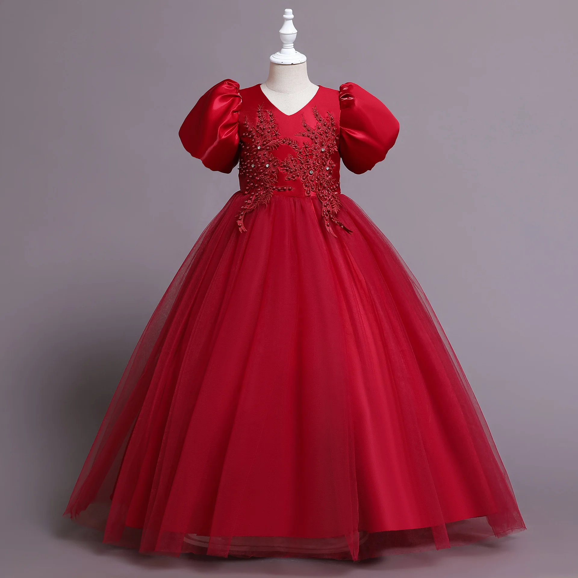 Girls Fairy Tale Princess Tulle Long Gown with Bubble Sleeves Flower Girl Stage Performance Dress for Birthday & Special Events