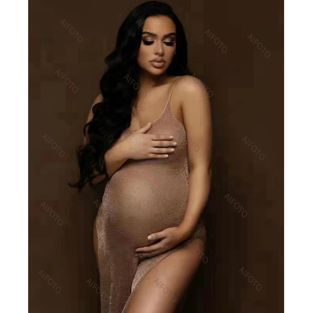 Maternity Photo Shoot Dress Gold Wire Knitted Pregnancy Woman Clothes Sexy Dresses For Photography Props Robe Outfit Accessories