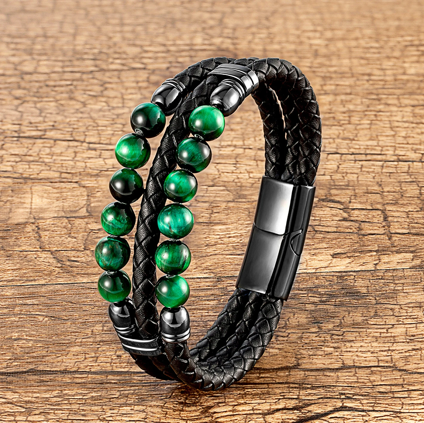High Quality Natural Round Lava Stone Charm Bracelet For Man Retro Multilayer Leather Bangles Tiger Eye Jewelry Bracelet Homme