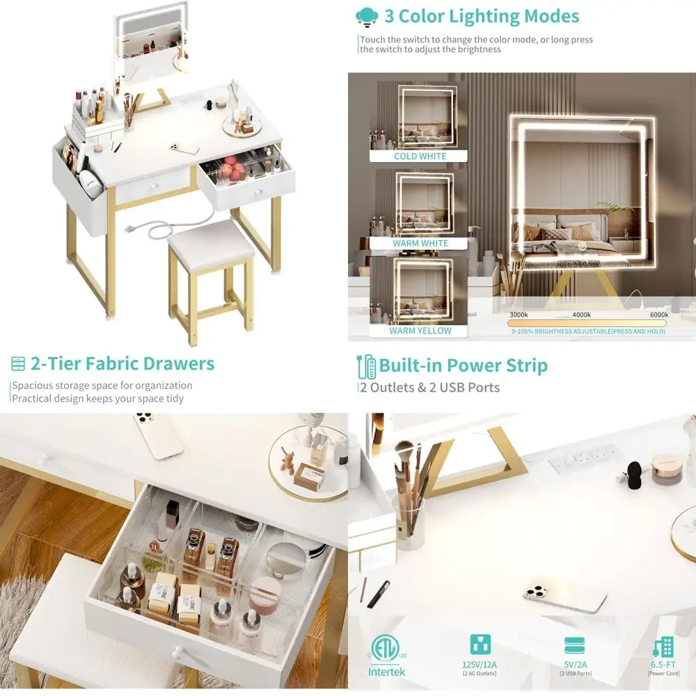 مكتب مكياج صغير من Lufeiya مع مرآة وإضاءة، طقم مكاتب زينة بيضاء مقاس 32 بوصة مع أدراج قماشية للفتيات المراهقات، فستان #1