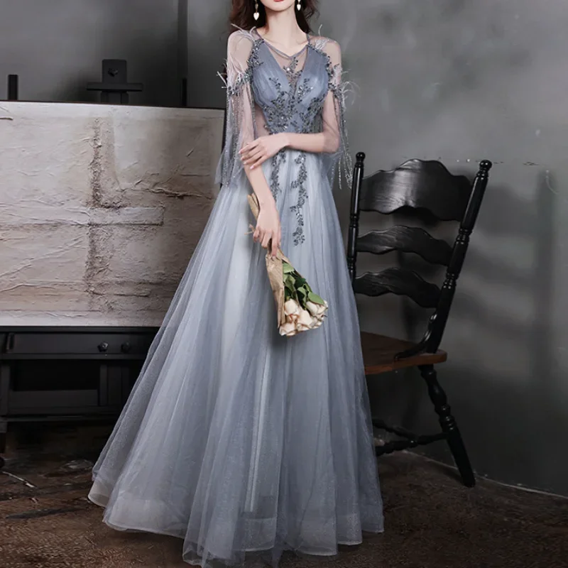 

Elegant Tassel Feather Sleeve Evening Dress Female Blue Fairy Applique Prom Dress Ball Gown V-neck Banquet Formal Vestido