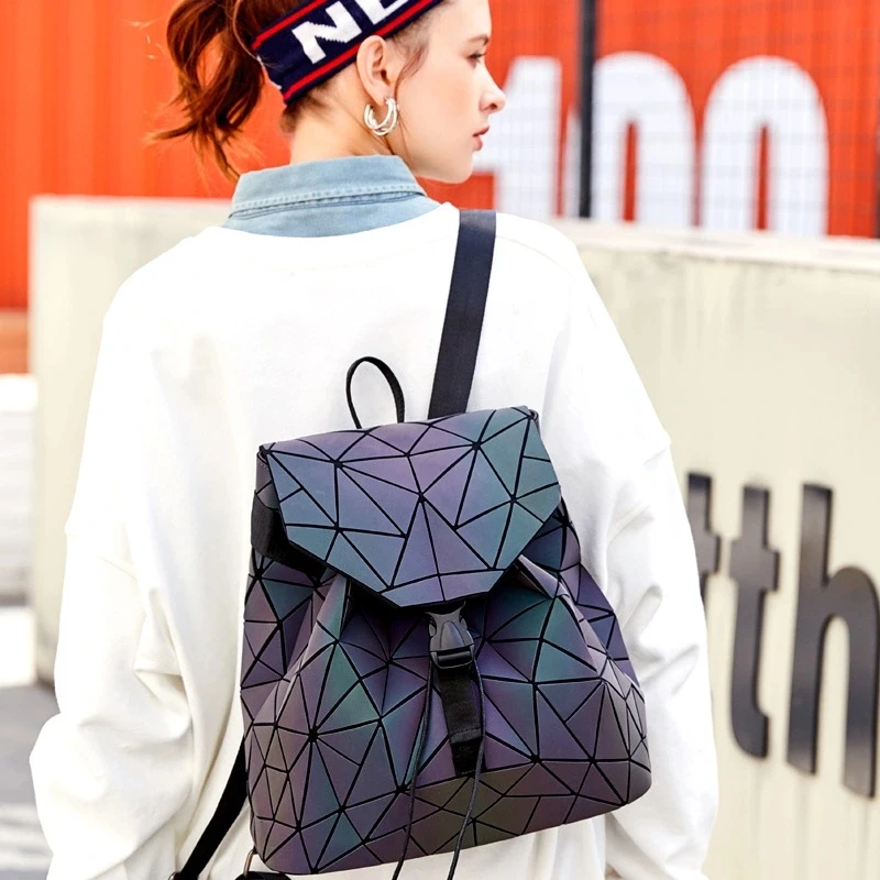 Fashion Drawstring Folding Backpack 3 Set/Holographic Diamond Luminous Travel Bag/Shoulder Bag/Long Purset