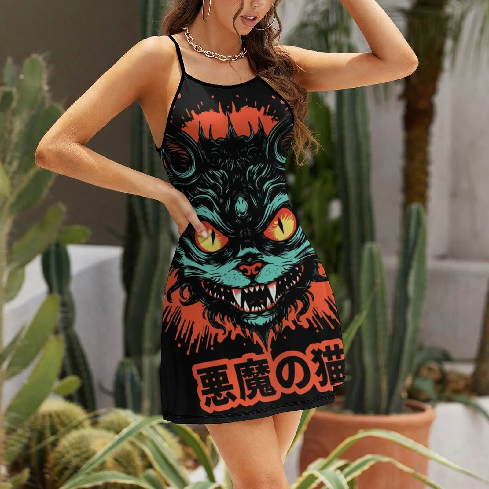 Japanese Yokai Demon Cat For Sale  Women's Sling Dress Humor Graphic Suspender Dress Casual Graphic Sexy Woman's Clothing Cockta