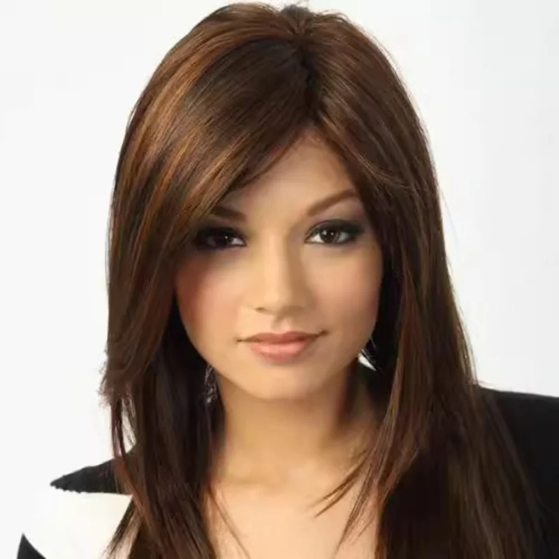 New model women's gradient mixed color , brown long straight fluffy side-parted wig