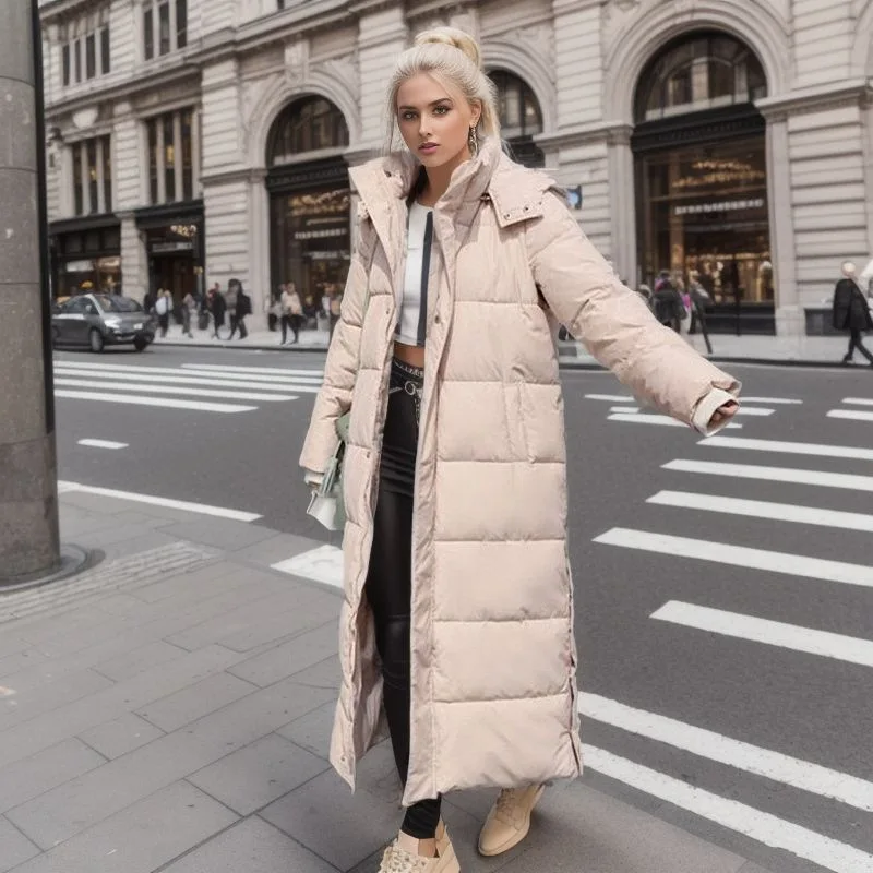 Hooded Winter Jacket for Women Lengthen Side Buttons Parkas Zipper Threaded Cuffs Jackets Stand Neck Warm Long Overcoat Fashion