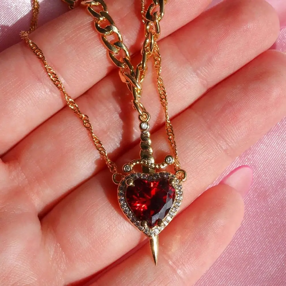 Trendy Heart and Sword Necklace Valentine's Day Gift Silver Plated Sword Through Heart Necklaces Jewelry Gifts Matching Necklace