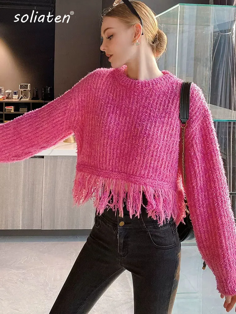 

Y2K 90s Irregualr Tassels Sweater Females Round Neck Long Sleeve Korean Fashion Pullover Jumper 2023 New Fashion Clothes C-060