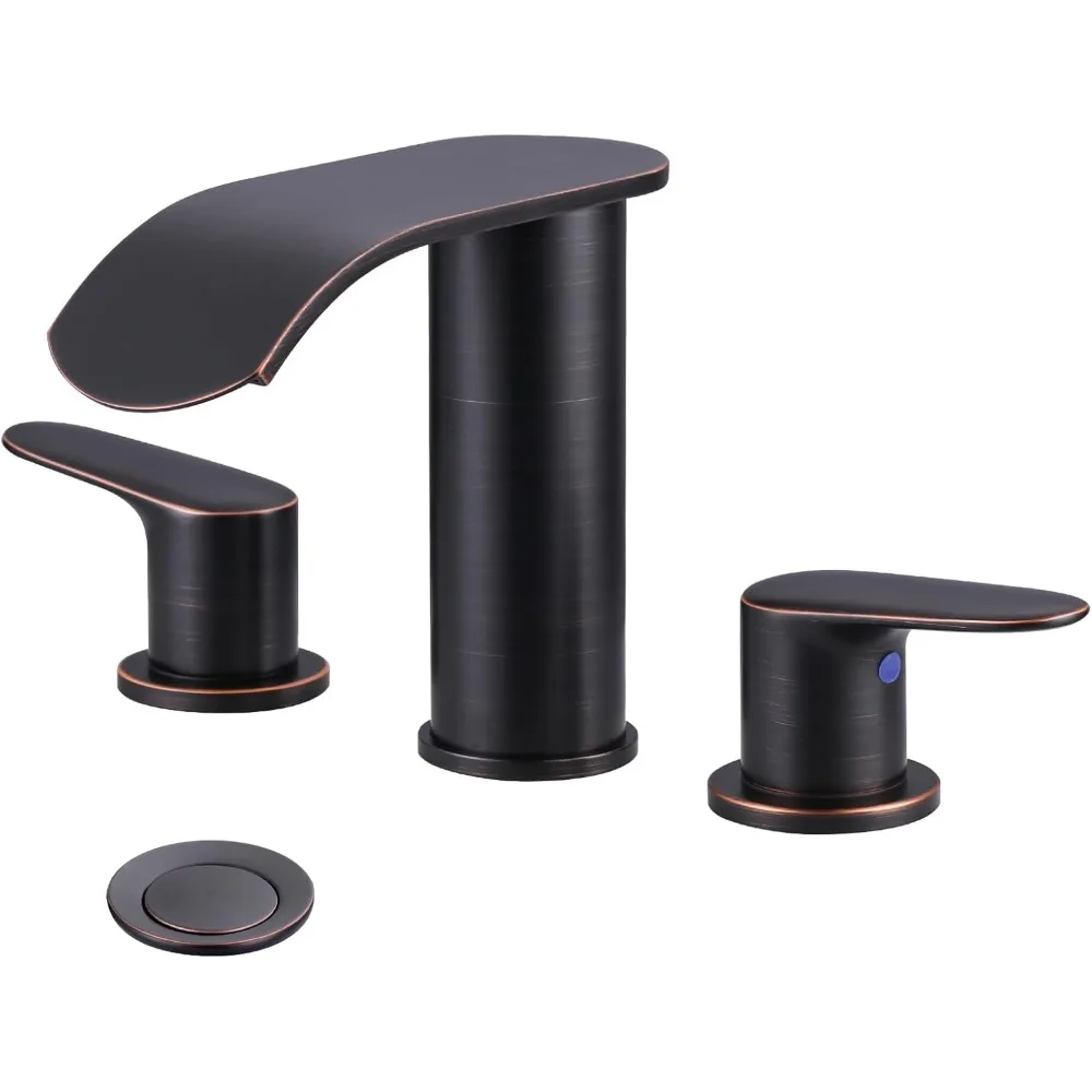 Grifo de baño de cascada generalizado de 3 orificios y 8 pulgadas, mezclador de lavabo de tocador de 2 manijas con drenaje y mangueras, bronce frotado con aceite