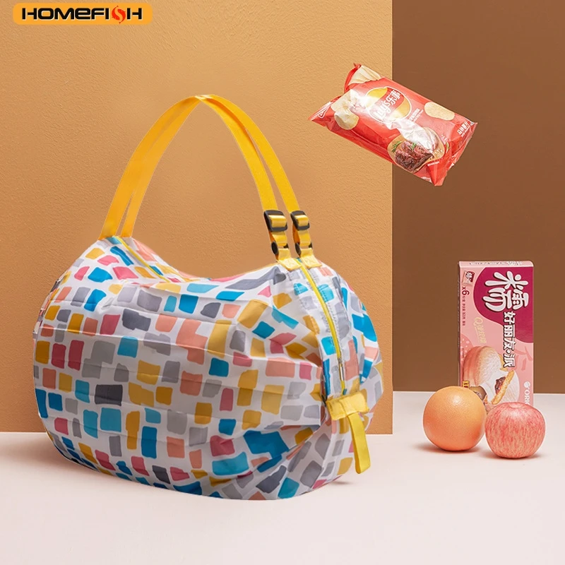 HOMEFISH Large Foldable Shopping Bag Reusable Eco Bag Grocery Package Beach Toy Storage Bags Shoulder Cat Lemon Printing Pouch T