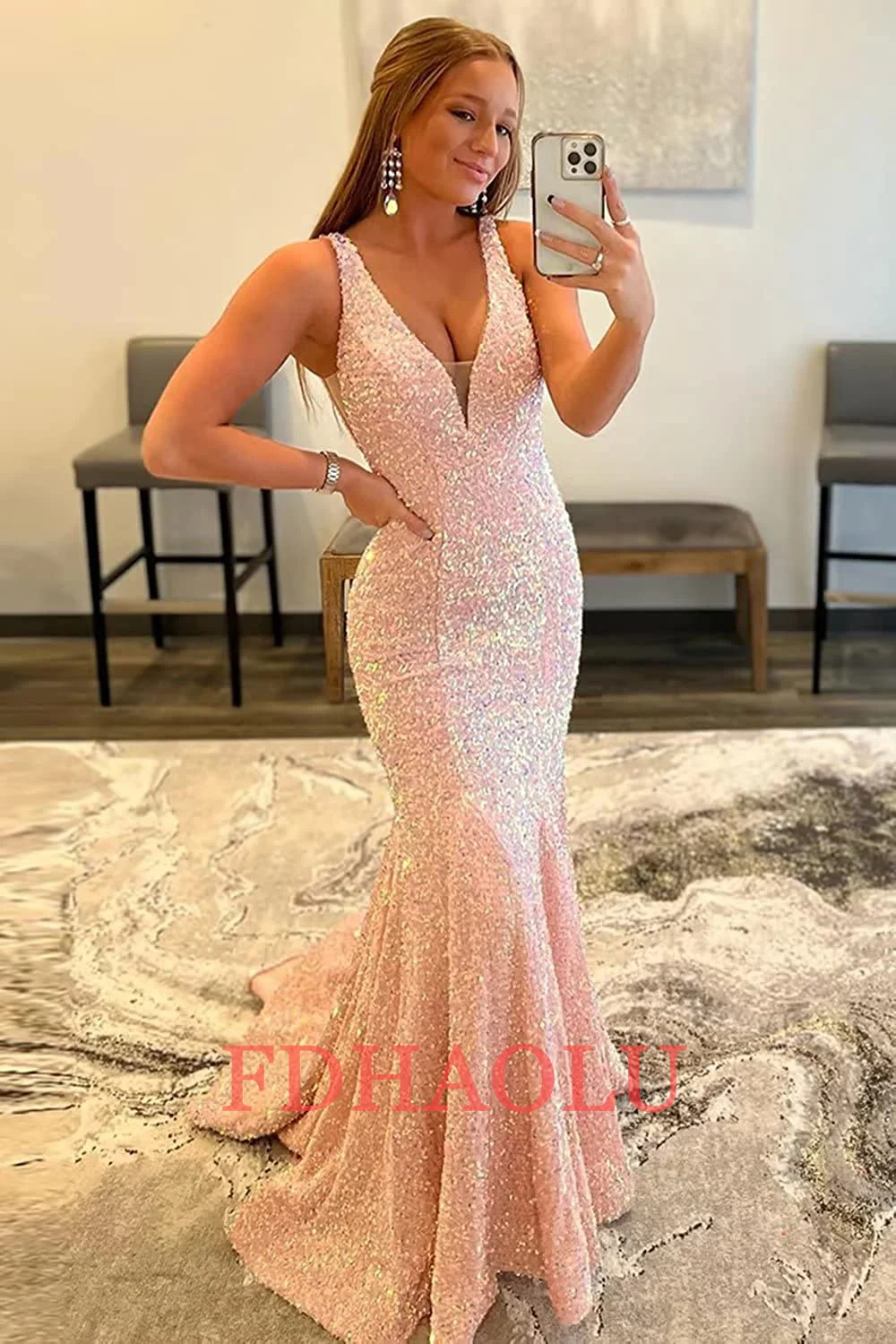 Blue Backless Evening Dress Mermaid V Neck Sparkly Sequins Long Prom Gowns For Birthday Party Vestido De Festa AE0804