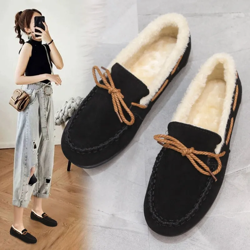 Frauen Winter Casual Schuhe Neue Mokassins Weiche Flache, Nicht-slip Faulenzer Mode Komfort Warme Plüsch Bogen Slip auf Weibliche baumwolle Schuhe – Detail 7