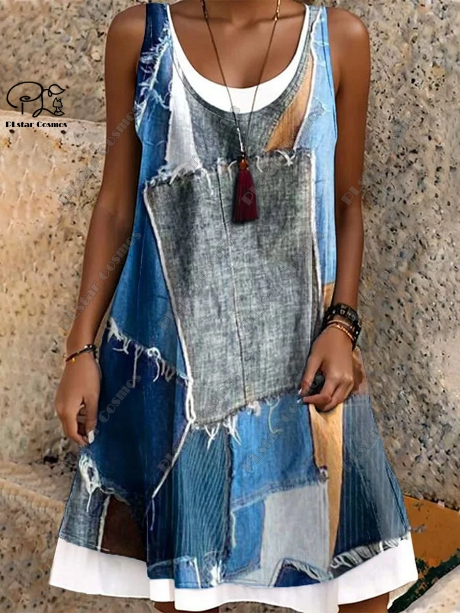 PLstar Cosmos 3D Printed Retro Pattern Women's Sleeveless Dress Summer Casual Beach Dress Holiday Style Collection S-15