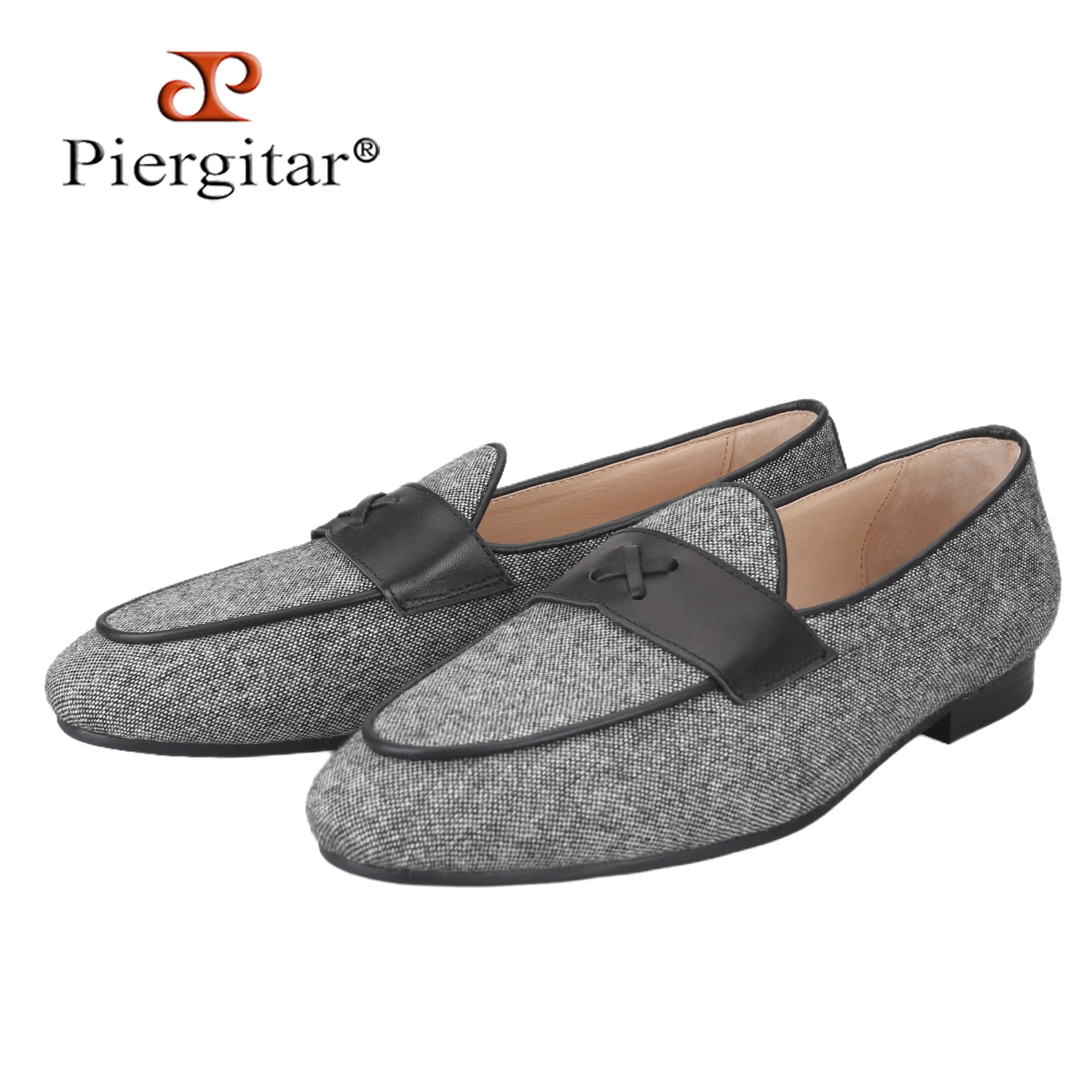 

Piergitar British Classic Model Customized Gray Cotton Men's Penny Loafers For Party Wear Old Money Style Handmade Slip-On Shoes