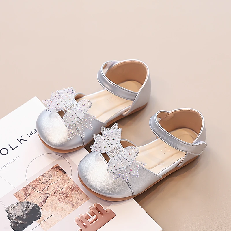 Toddler Girls Sparkly Princess Flat Shoes, Spring Autumn Rhinestone Bow Glitter Dress Shoes Hook and Loop Party Wedding Birthday