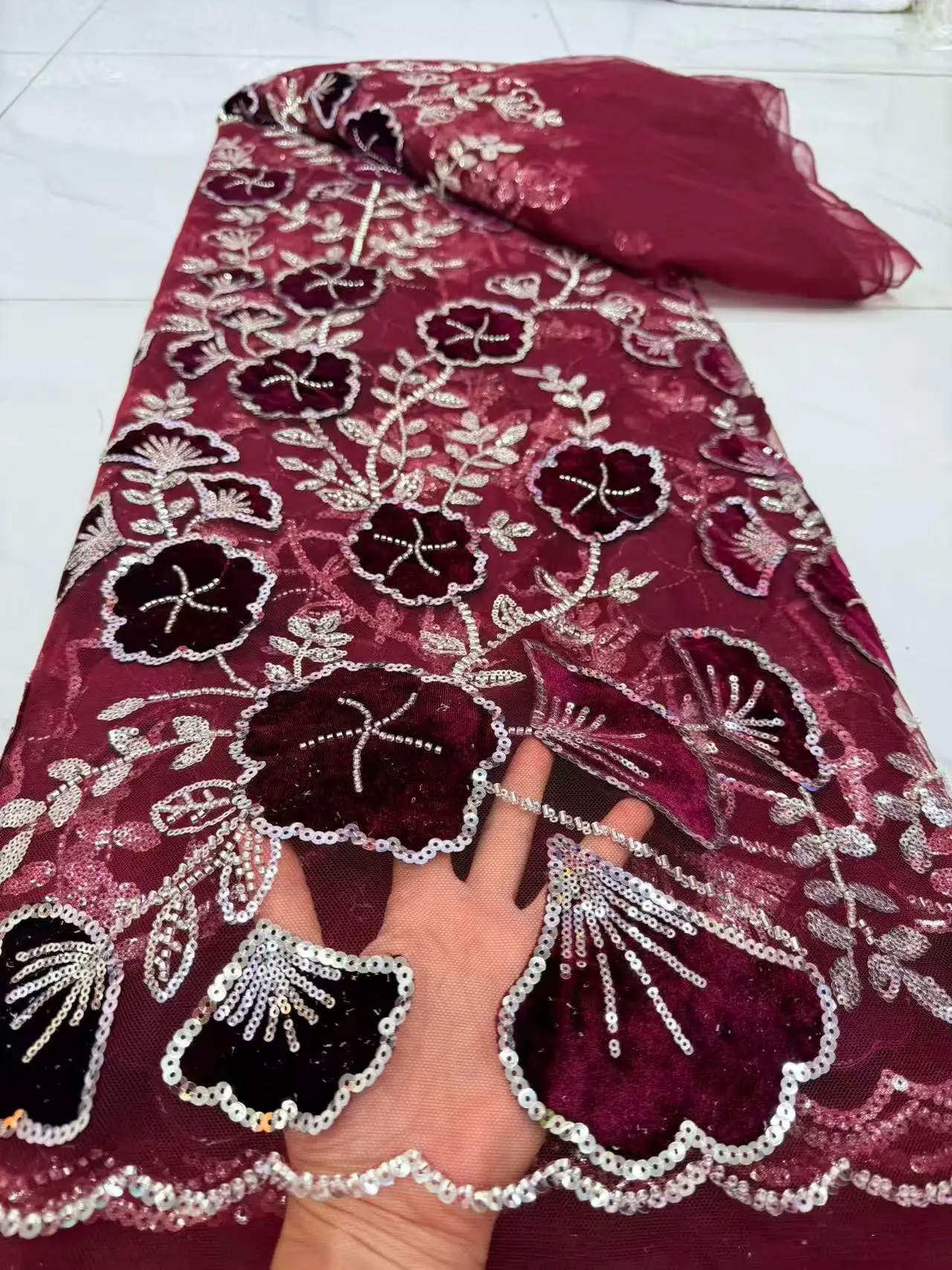 Top High Quality African Nigerian Tulle Lace Fabric Embroidery Party Dress Sequins Guipure Fabric For Sewing Velvet 5Yard DP0539