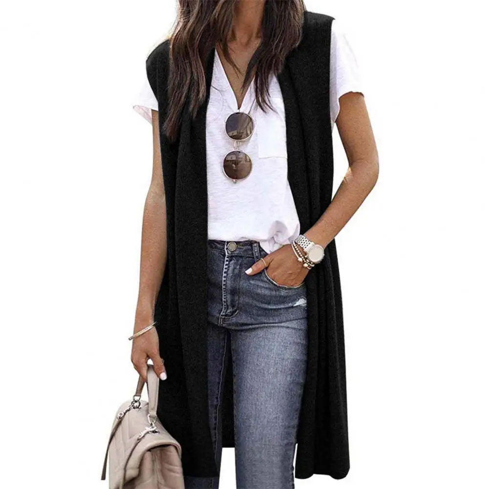 

Women Sleeveless Cardigan Lady Solid Color Coat Elegant Sleeveless Women's Mid-length Vest Coat Soft Breathable Open for Casual