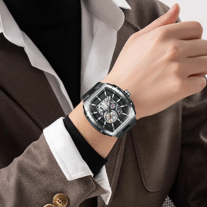 FeelNever Unique Design Mechanical Men Watches Square Casual Sport Fashion Hollow Luminous Automatic Waterproof Chronograph Gift view 6