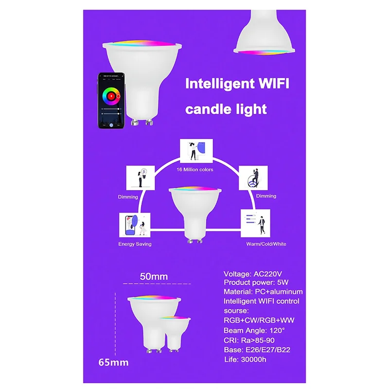 

ABJO-Tuya Bulb 4 Pack GU10 RGB CW+WW LED Light Bulbs 5W Dimmable Lamps Smart Life APP Control Light Bulbs Easy Install Easy To U