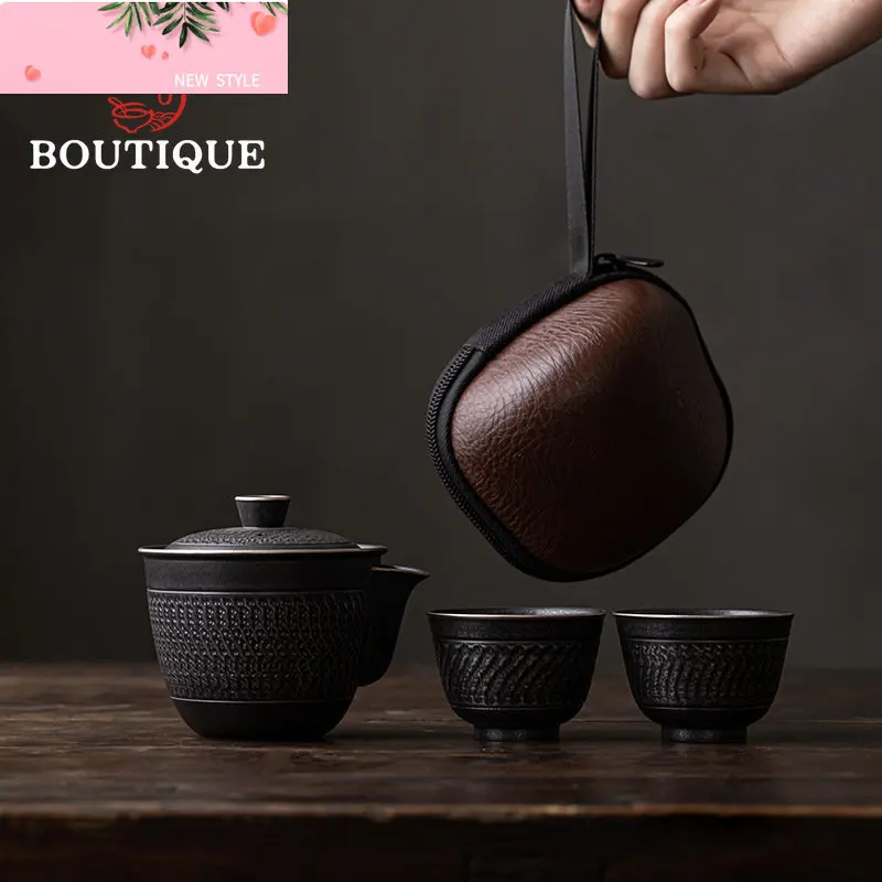 

Креативный дорожный чайный сервиз ручной работы, серебристый, черный, прыгающий нож, поделки, чайник, бытовая чайная посуда для кунг-фу, чайная церемония, 1 горшок, 2 чашки