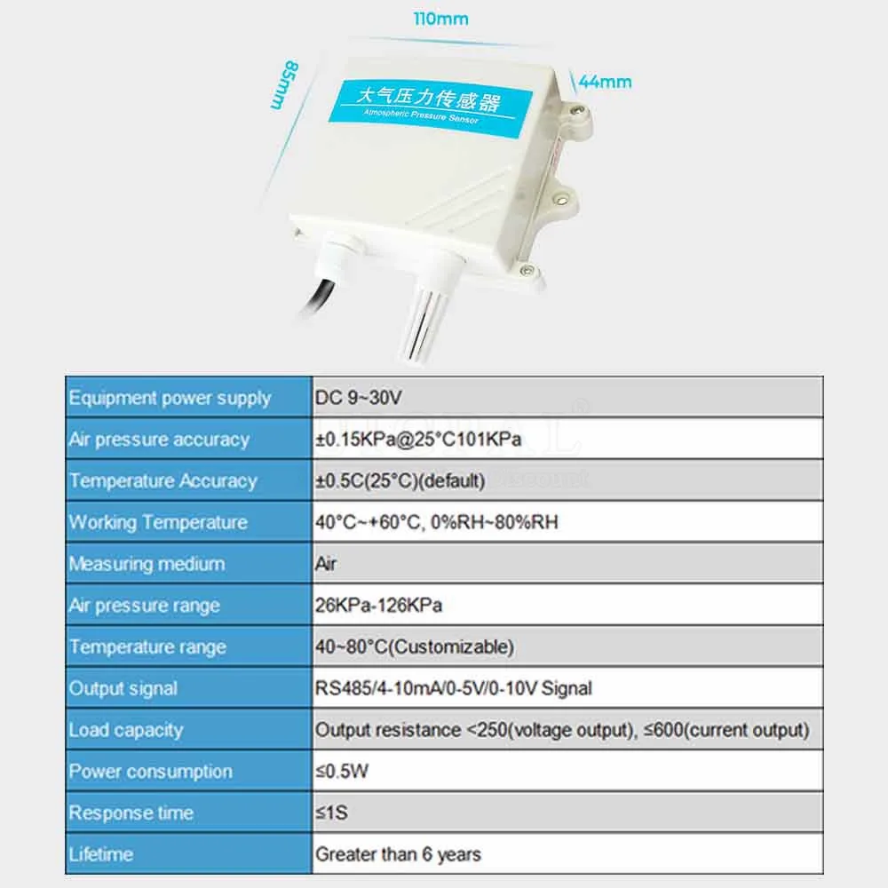 Imagem -02 - Sensor de Pressão Atmosférica Detector de Pressão do ar Transmissor Barométrico Rs485 05v 010v 420ma