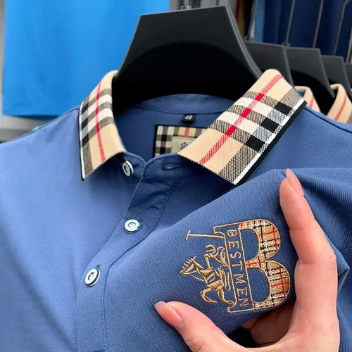 Imagen 2 del producto Polo de manga corta de marca de lujo para hombre camiseta informal con solapa bordada a cuadros a la moda de alta gama top de algodón transpirable
